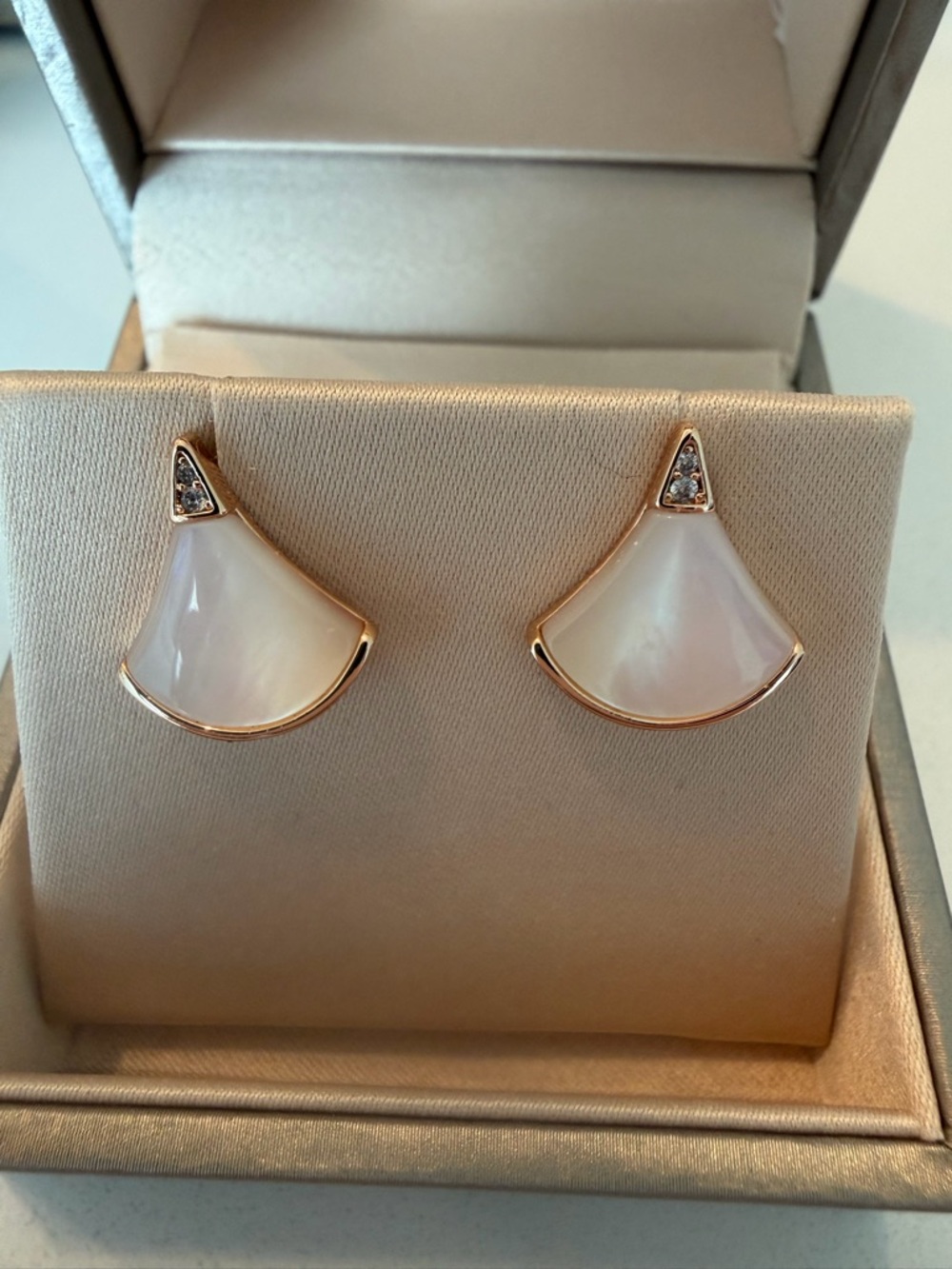 Bulgari Rose Gold Mother-of-Pearl Fan Stud Earrings with Crystal Accents